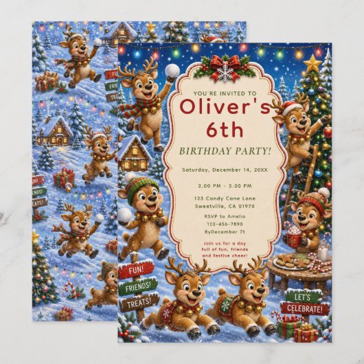 Invitation Fête de Noël de rennes mignons (Devant / Derrière)