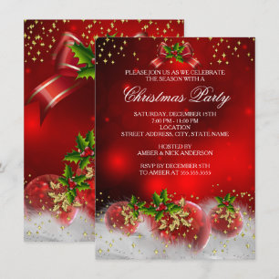 Invitation Fête de Noël de vacances Rouge Or Vert Holly