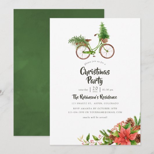 Invitation Fête de Noël de Vélo Floral Aquarelle (Devant / Derrière)