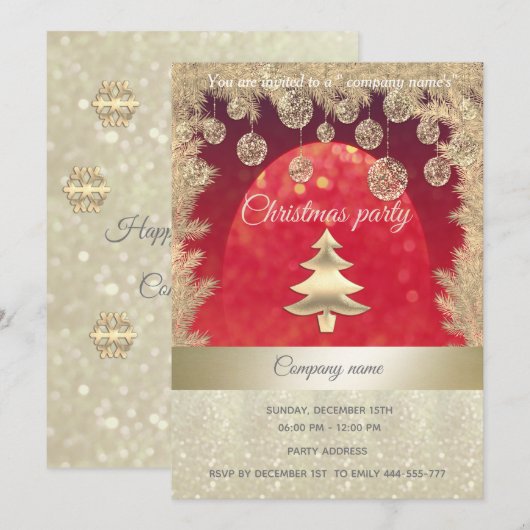 Invitation fête de Noël d'entreprise de gloire d'or/rouge (Devant / Derrière)