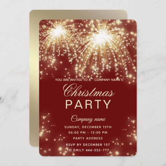 Invitation Fête de Noël d'entreprise en or Firework (Devant / Derrière)