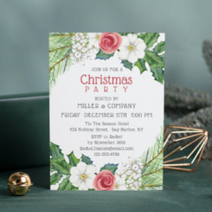 Invitation Fête de Noël d'entreprise Fleurs Roses et Blanches