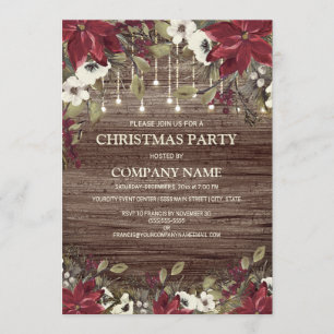 Invitation Fête de Noël d'entreprise Poinsettia rouge Bois ru