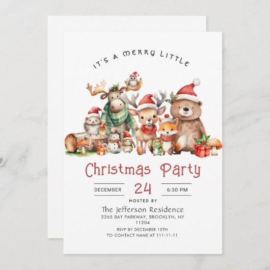 Invitation Fête de Noël des animaux de forêt (Devant / Derrière)