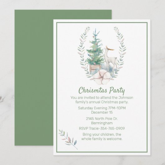 Invitation Fête de Noël des cerfs et des arbres de Noël (Devant / Derrière)