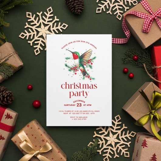Invitation Fête de Noël des colibris rouges blancs