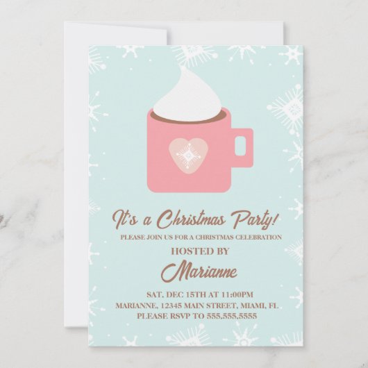 Invitation Fête de Noël des flocons de cacao chaud (Devant)