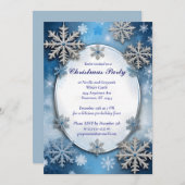Invitation Fête de Noël des flocons de neige bleus et argenté (Devant / Derrière)