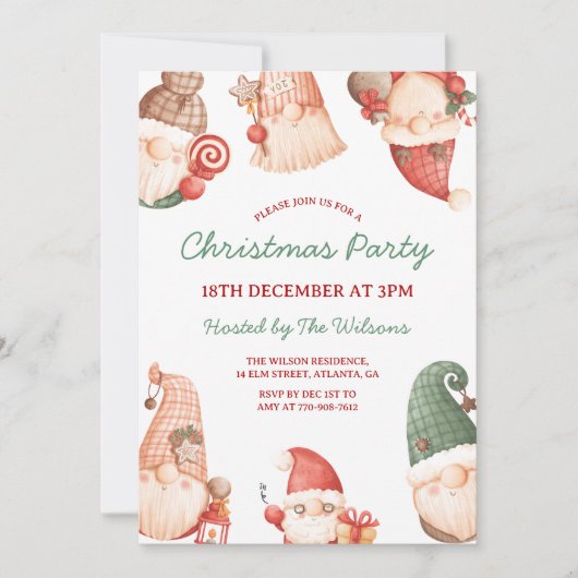 Invitation Fête de Noël des Gnomes Mignons (Devant)