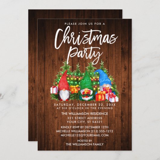 Invitation Fête de Noël des Gnomes rustiques (Devant / Derrière)