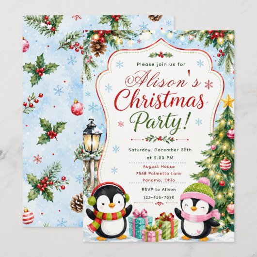 Invitation Fête de Noël des manchots (Devant / Derrière)