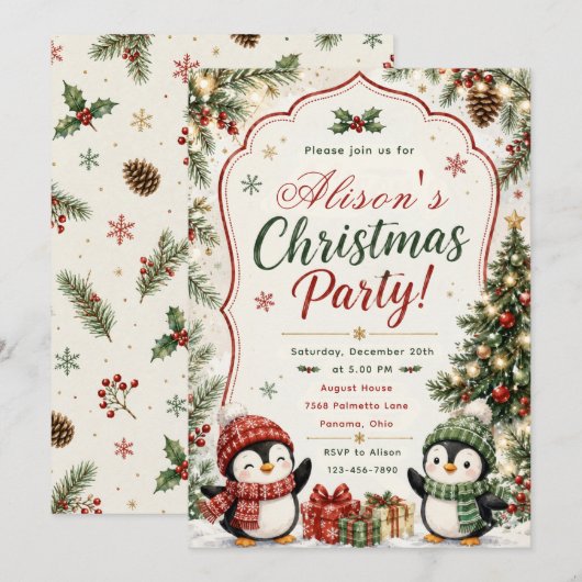 Invitation Fête de Noël des manchots (Devant / Derrière)