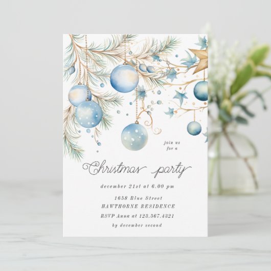 Invitation Fête de Noël des ornements bleus (Debout devant)