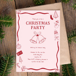 Invitation Fête de Noël Dessinée à la Main Vacances Rouge Coq