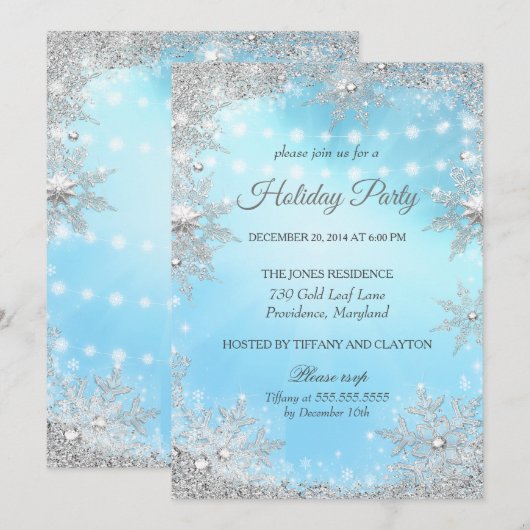 Invitation Fête de Noël d'hiver Bleu Argent (Devant / Derrière)