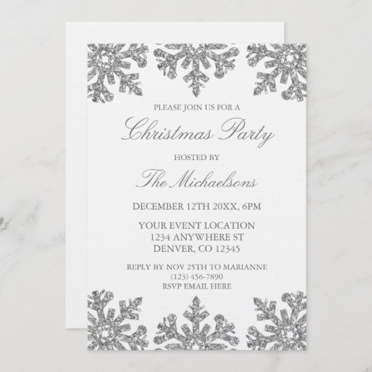 Invitation Fête de Noël d'hiver Silver Snowflake (Devant / Derrière)