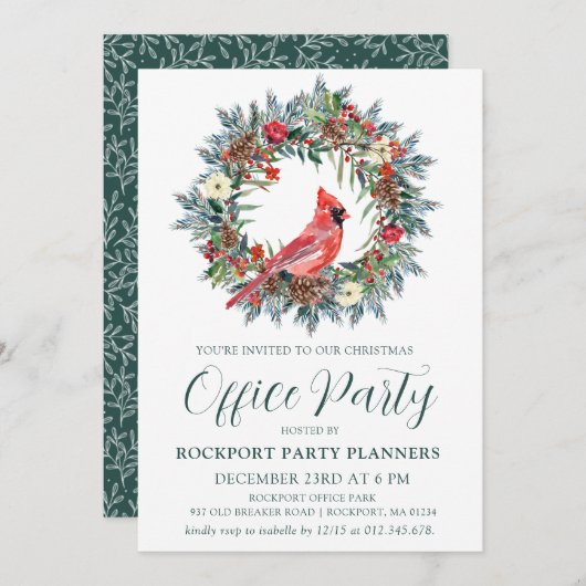 Invitation Fête de Noël du cardinal rouge Wreath (Devant / Derrière)