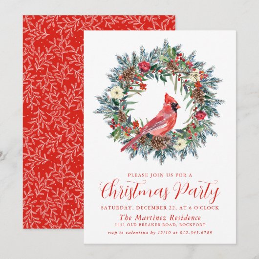 Invitation Fête de Noël du cardinal rouge Wreath (Devant / Derrière)