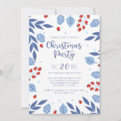 Invitation Fête de Noël du feuillage d'hiver bleu et rouge (Devant)