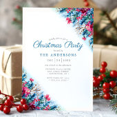 Invitation Fête de Noël du feuillage d'hiver Floral bleu