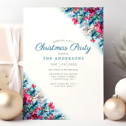 Invitation Fête de Noël du feuillage d'hiver Floral bleu