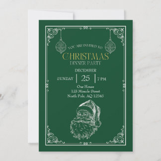 Invitation Fête de Noël du Père Noël vintage, Vert et Blanc