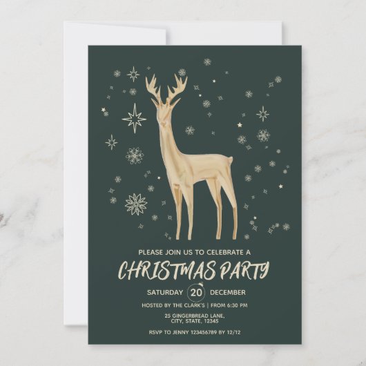 Invitation Fête de Noël Elégant Cerf Vert foncé et Or (Devant)