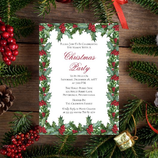 Invitation Fête de Noël Elegant Holly et Berries