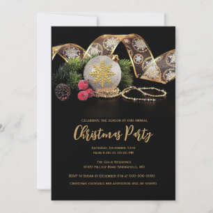 Invitation Fête de Noël Élégant Or sur Noir 