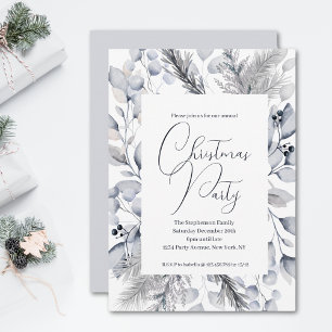 Invitation Fête de Noël Élégante Aquarelle Bleue Botanique