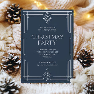 Invitation Fête de Noël élégante Art Déco bleu marine