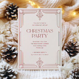 Invitation Fête de Noël élégante Art déco ivoire et rouge