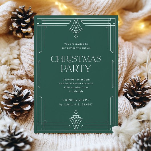 Invitation Fête de Noël élégante | Art déco vert classique