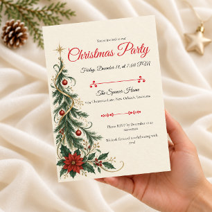 Invitation Fête de Noël élégante Art Nouveau avec arbre
