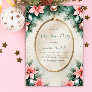Invitation Fête de Noël élégante aux poinsettias roses et sar