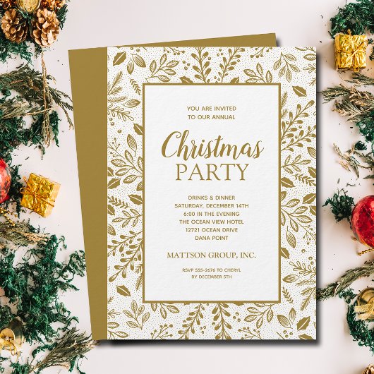 Invitation Fête de Noël Élégante Botanique Or