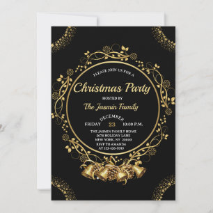 Invitation Fête de NOËL élégante Cloches noires et dorées