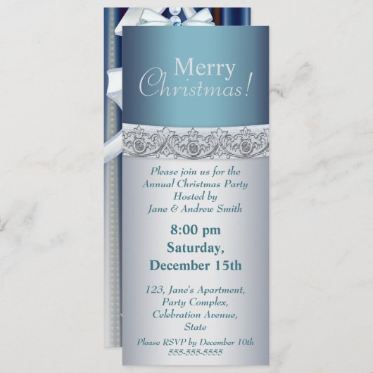 Invitation Fête de Noël élégante en argent et en bleu Invitat (Devant / Derrière)