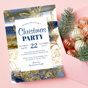 Invitation Fête de Noël élégante marine or florale