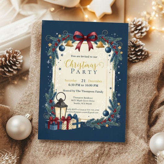 Invitation Fête de Noël élégante Navy Or
