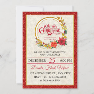 Invitation Fête de Noël élégante or et poinsettia