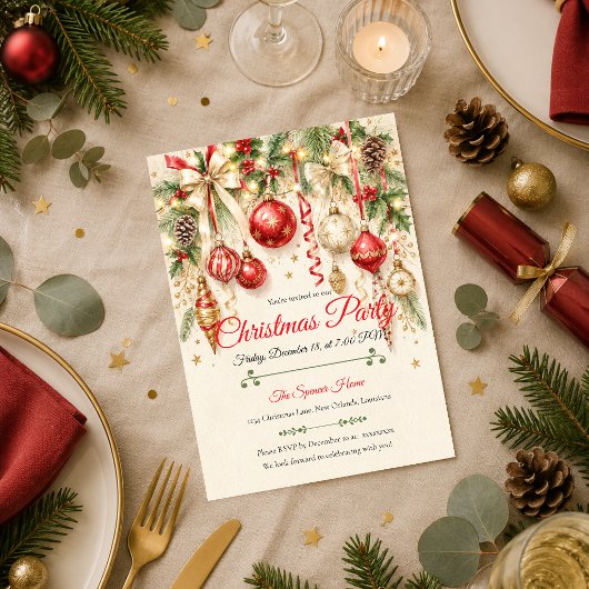 Invitation Fête de Noël élégante rouge et or