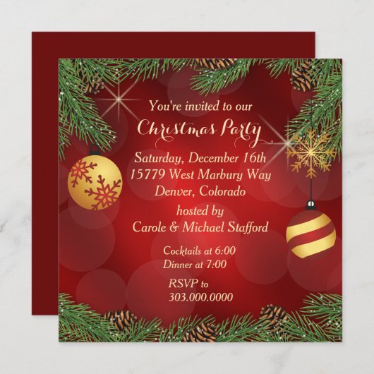 Invitation Fête de Noël élégante rouge et or (Devant / Derrière)