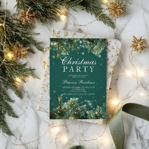 Invitation Fête de Noël élégante sous la neige avec des pins