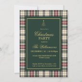 Invitation Fête de Noël élégante verte tartan or script (Devant)