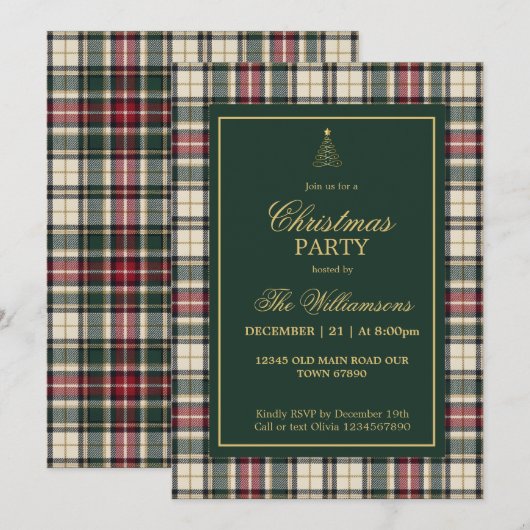 Invitation Fête de Noël élégante verte tartan or script (Devant / Derrière)