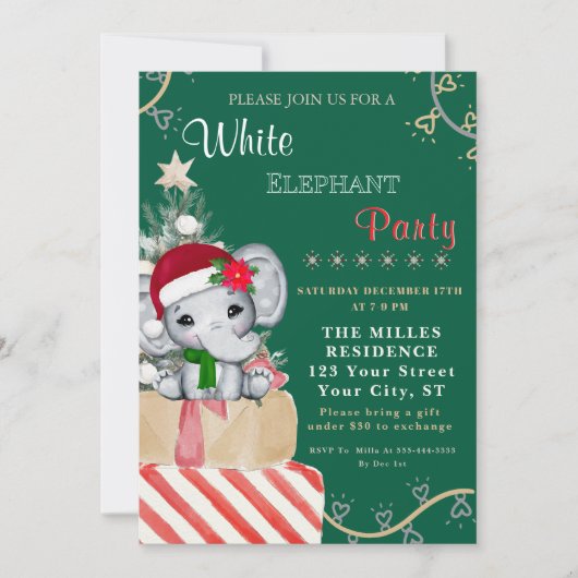 Invitation Fête de Noël éléphant blanc coloré (Devant)