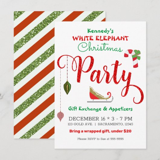 Invitation Fête de Noël éléphant blanc paillettes vert rouge (Devant / Derrière)