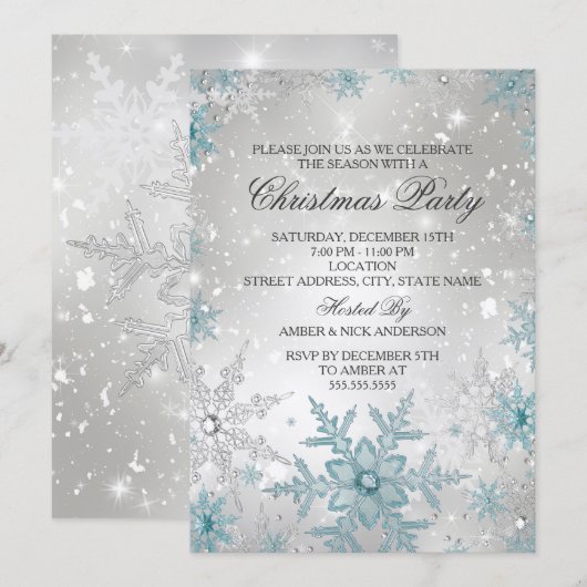 Invitation Fête de Noël en cristal bleu et argent (Devant / Derrière)