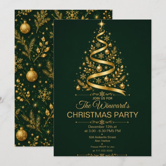 Invitation Fête de Noël en vert foncé et or (Devant / Derrière)